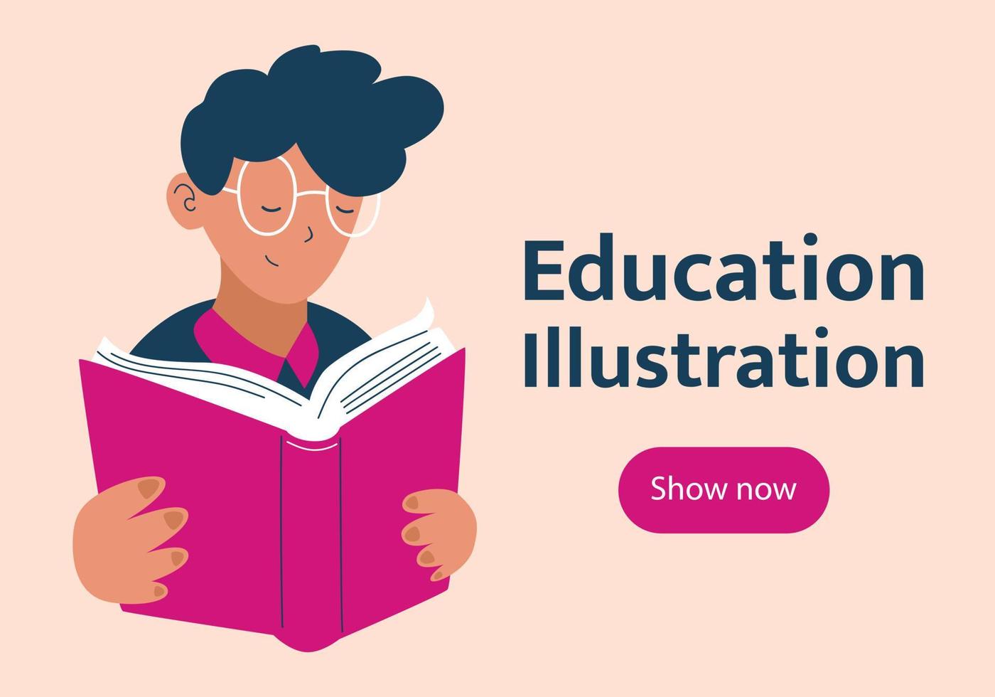 boy in glasses reading a book education banner concept in flat style vector