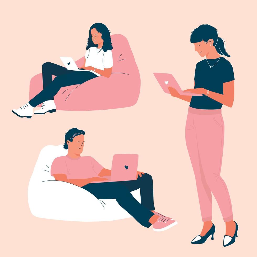 Set of people work at home office concept of freelance remote job vector