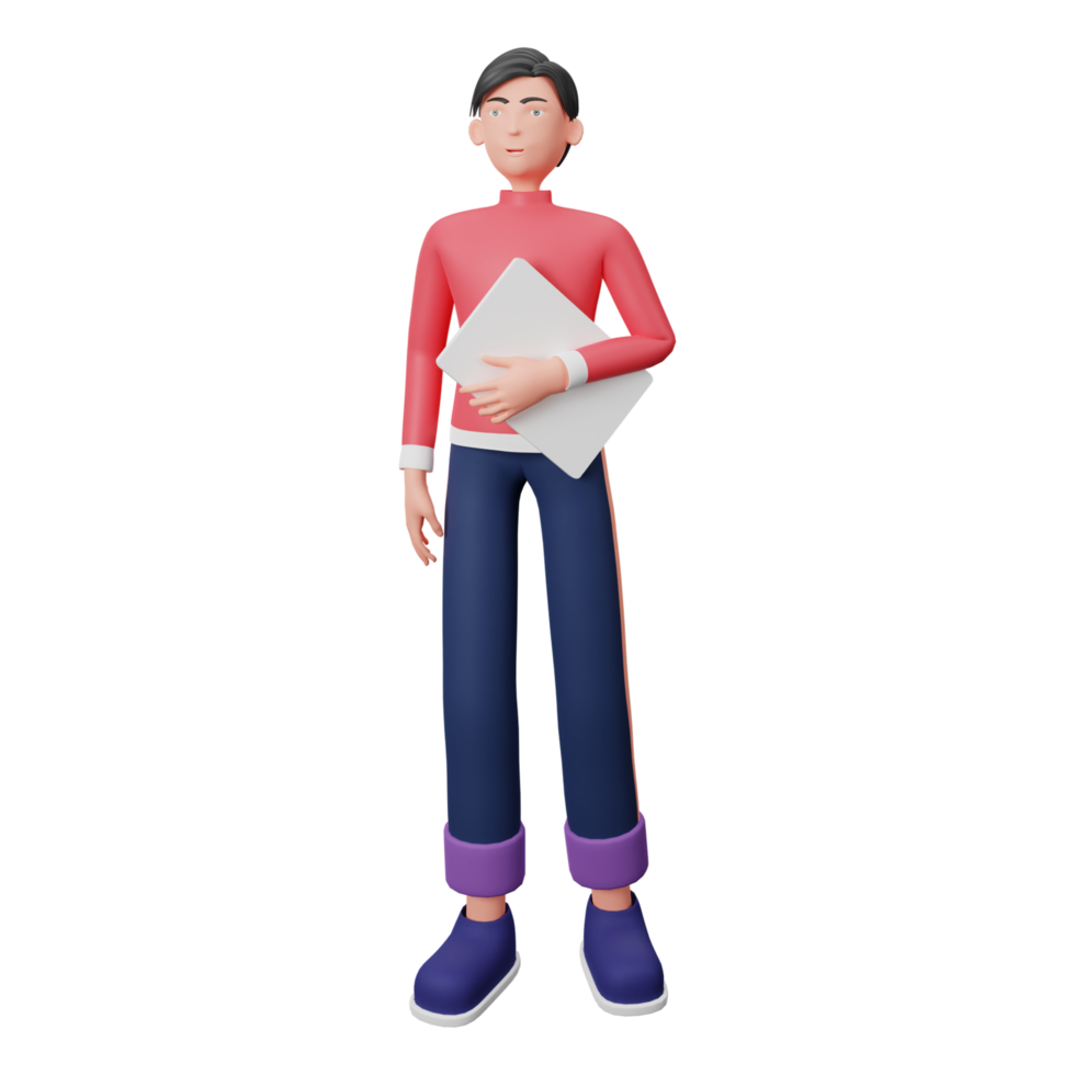 3D character hold laptop with transparent background png