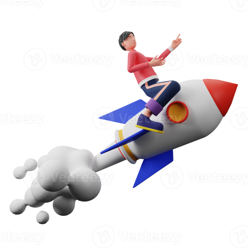 3d ilustración empresario personaje 3d con cohete puesta en marcha fondo transparente png