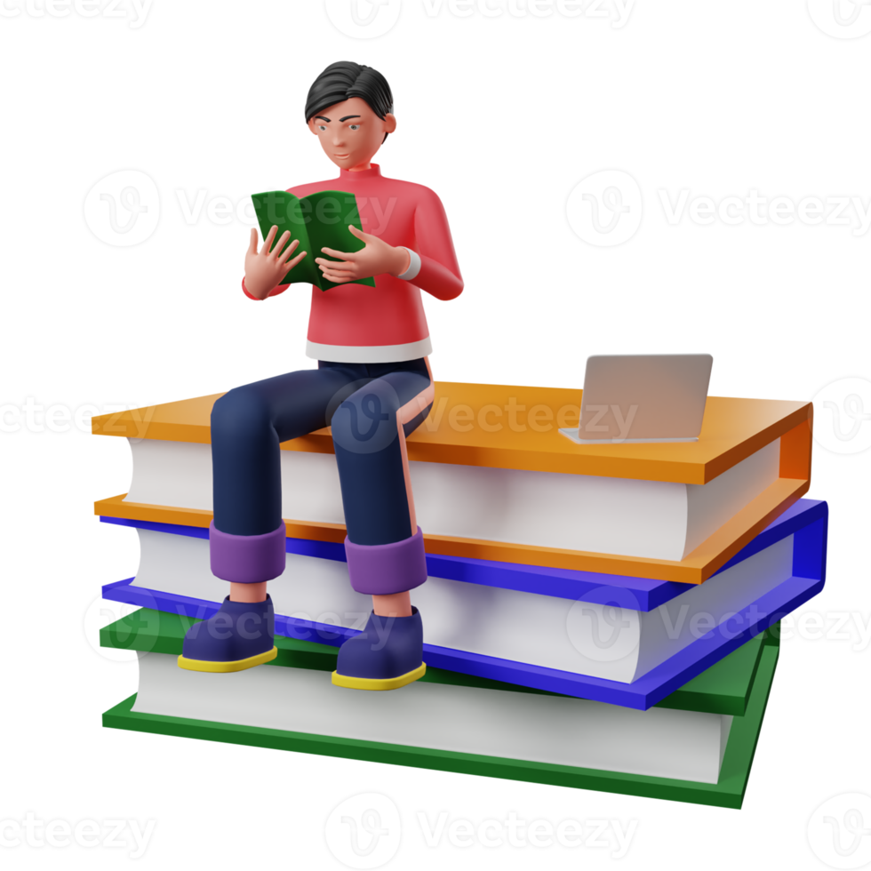 3D character read on 3D book transparent background png