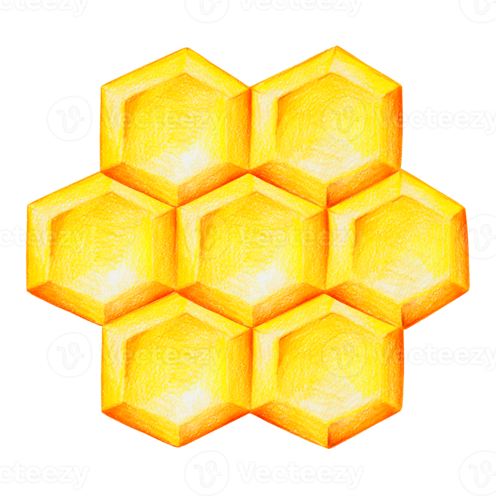 Bright yellow hexagonal honeycomb with honey, hand-drawn cartoon-style illustration on a white background png