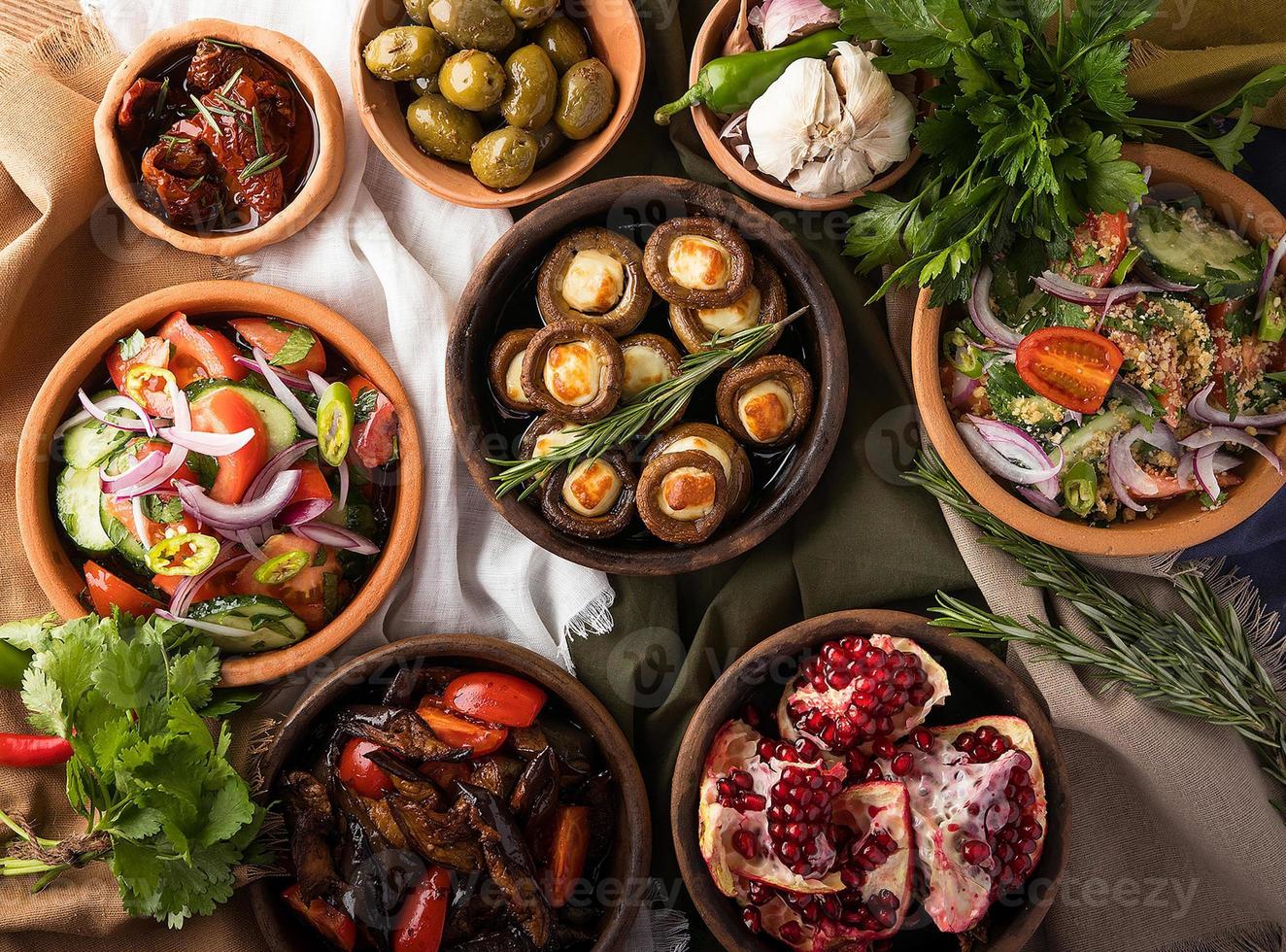 A top view of a restaurant table with gourmet Georgian dishes photo