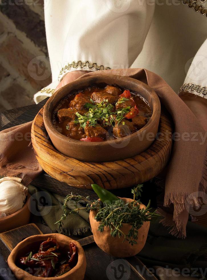 A vertical shot of a waitress presenting a meat stew photo