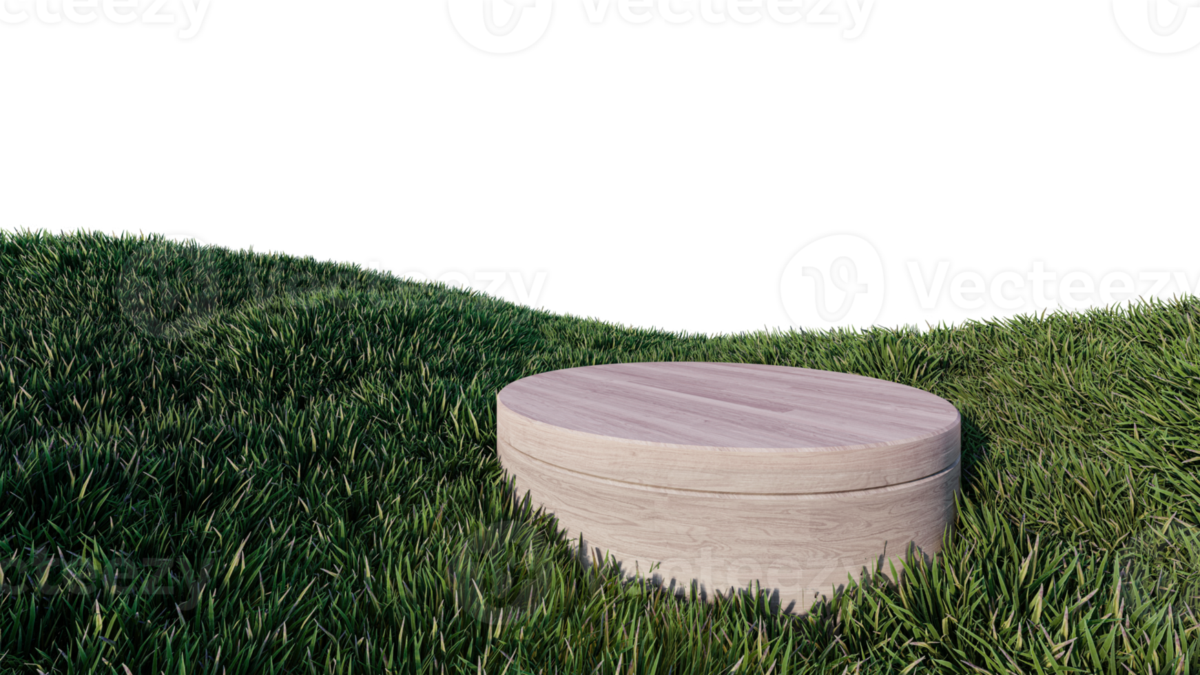 een 3D-rendering afbeelding van houten product display plaats op groene grassen gearchiveerd png