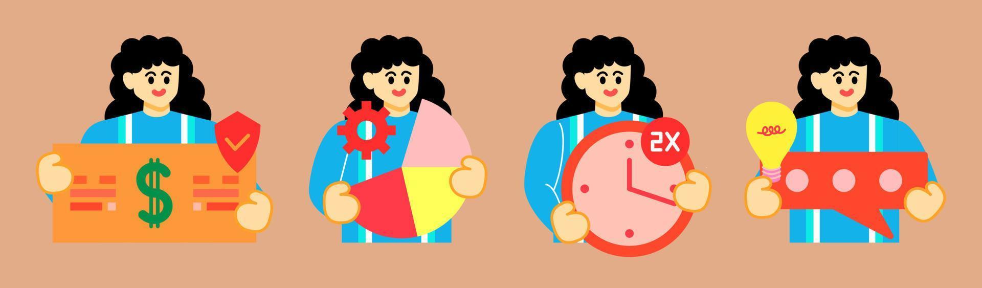 Set Business Concept illustrations. Collection of scenes with woman taking part in business activities. Vector illustration