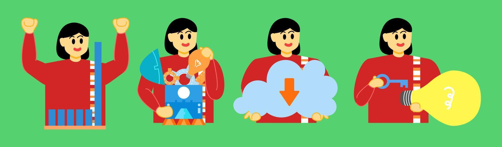 Set Business Concept illustrations. Collection of scenes with woman taking part in business activities. Vector illustration