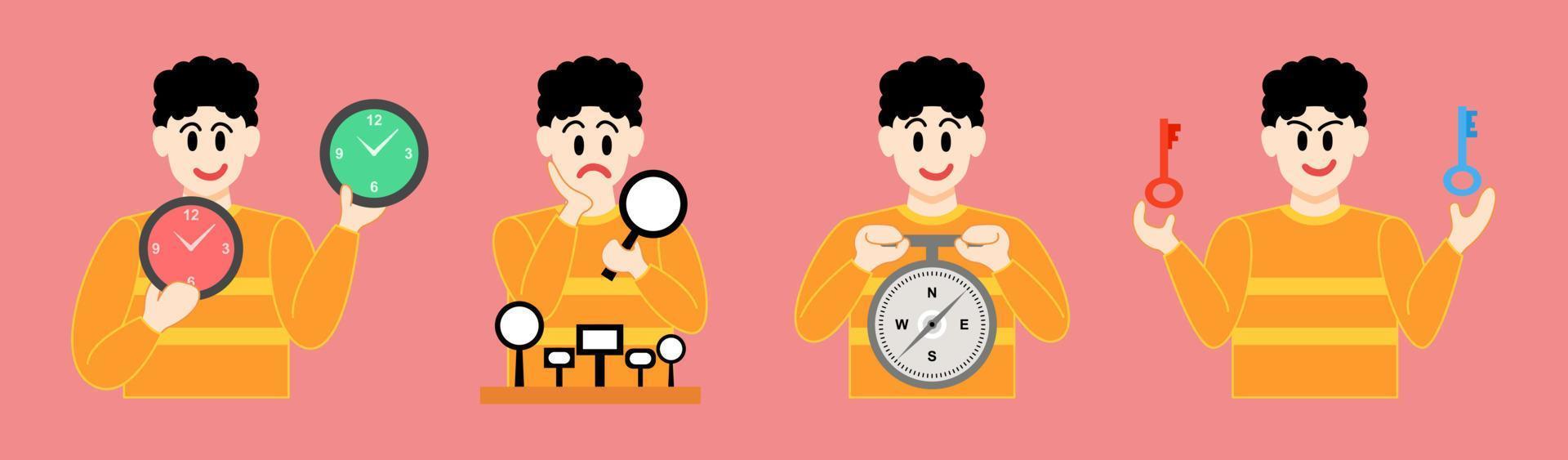 Set Business Concept illustrations. Collection of scenes with man taking part in business activities. Vector illustration