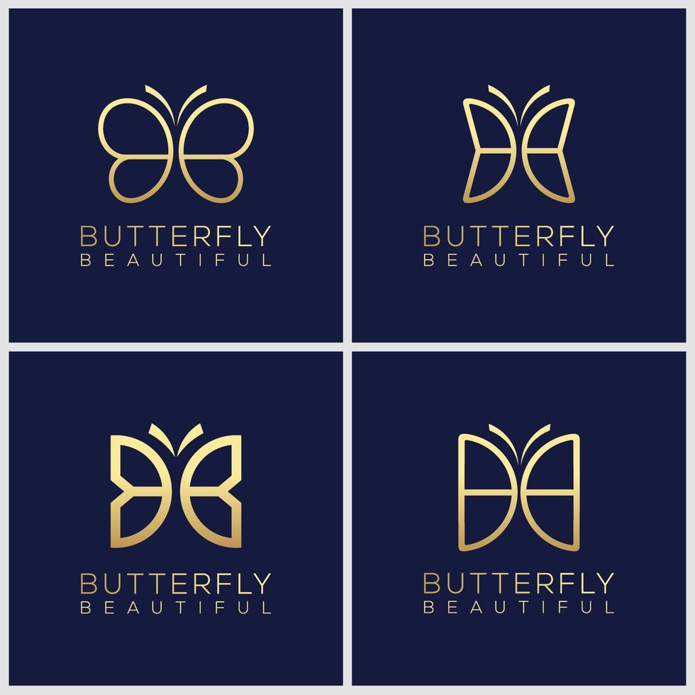 set of creative golden minimalist butterfly line art monogram logo. Beauty, luxury spa style. vector