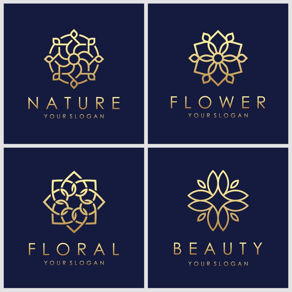 set of minimalist golden elegant Flower logo design with line art concept. vector