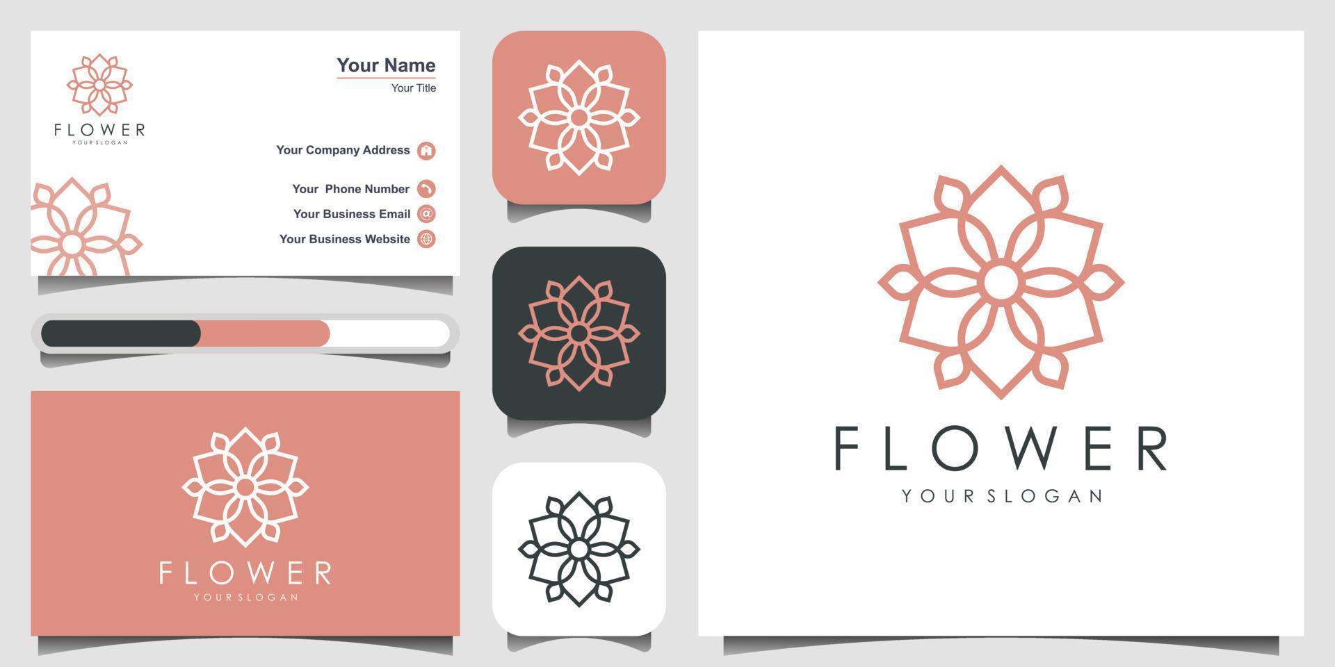 diseño minimalista y elegante del logo de la rosa de las flores para belleza, cosmética, yoga y spa. diseño de logotipo y tarjeta de visita vector