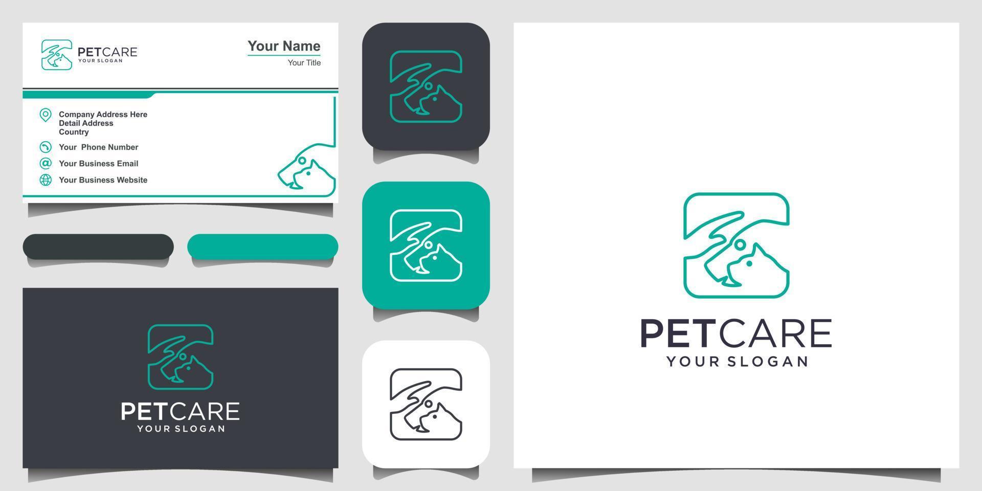 pet care shop dog and cat with hand logo icon vector template. logo design and business card