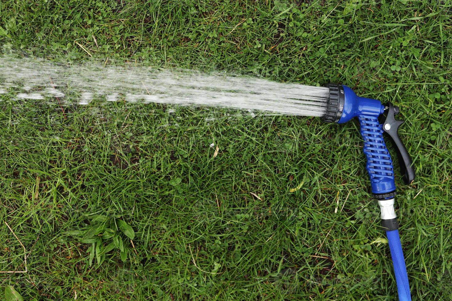 Blue gun spray water on the hose for watering the lawn. Blue spray gun for watering green grass. Irrigation of the garden with a garden hose. Gardening. Farming. Agriculture. Place for your text photo