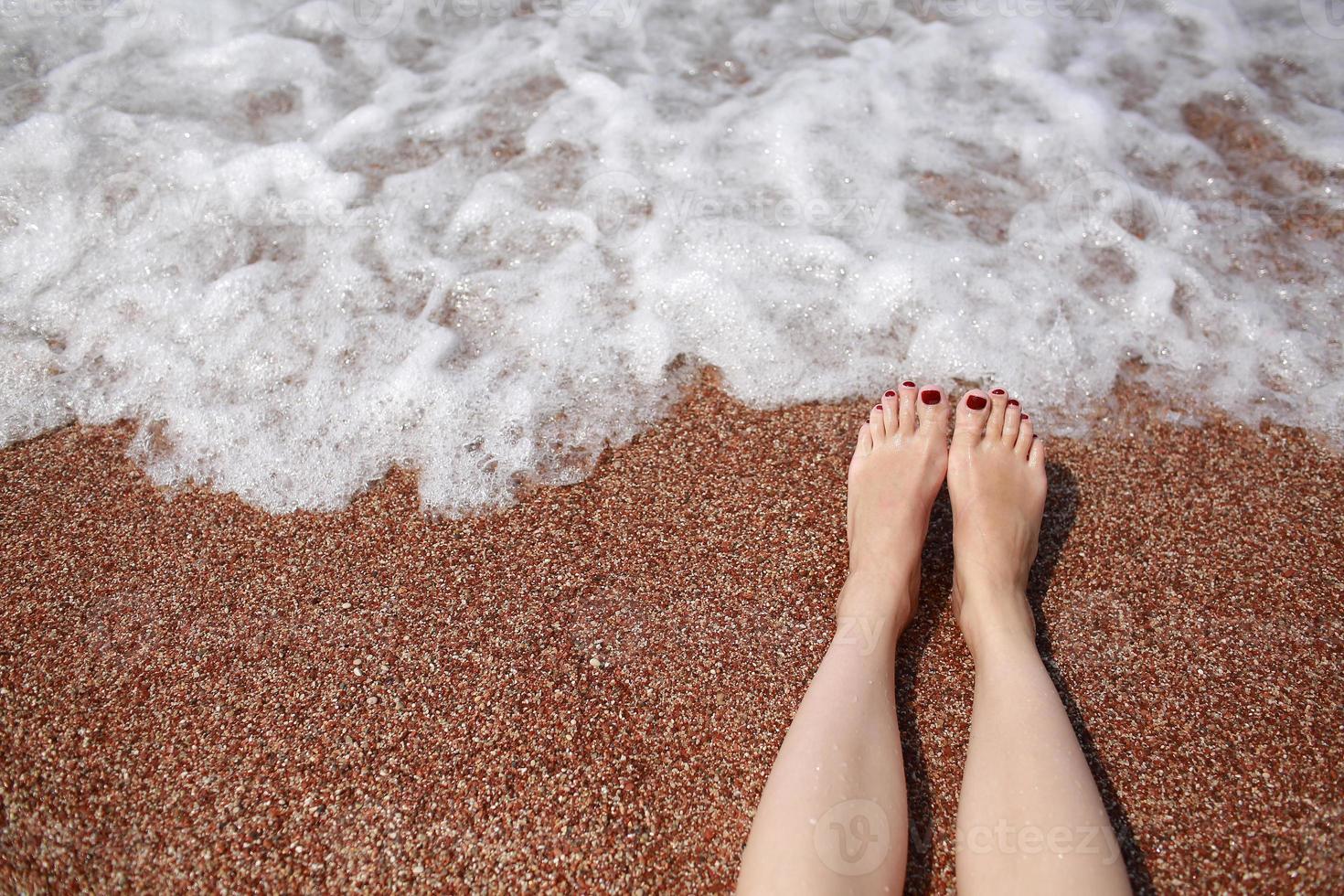 Travel Concept Woman S Legs On Beautiful Tropical Beach With Pebble Sand Feet On Sand And