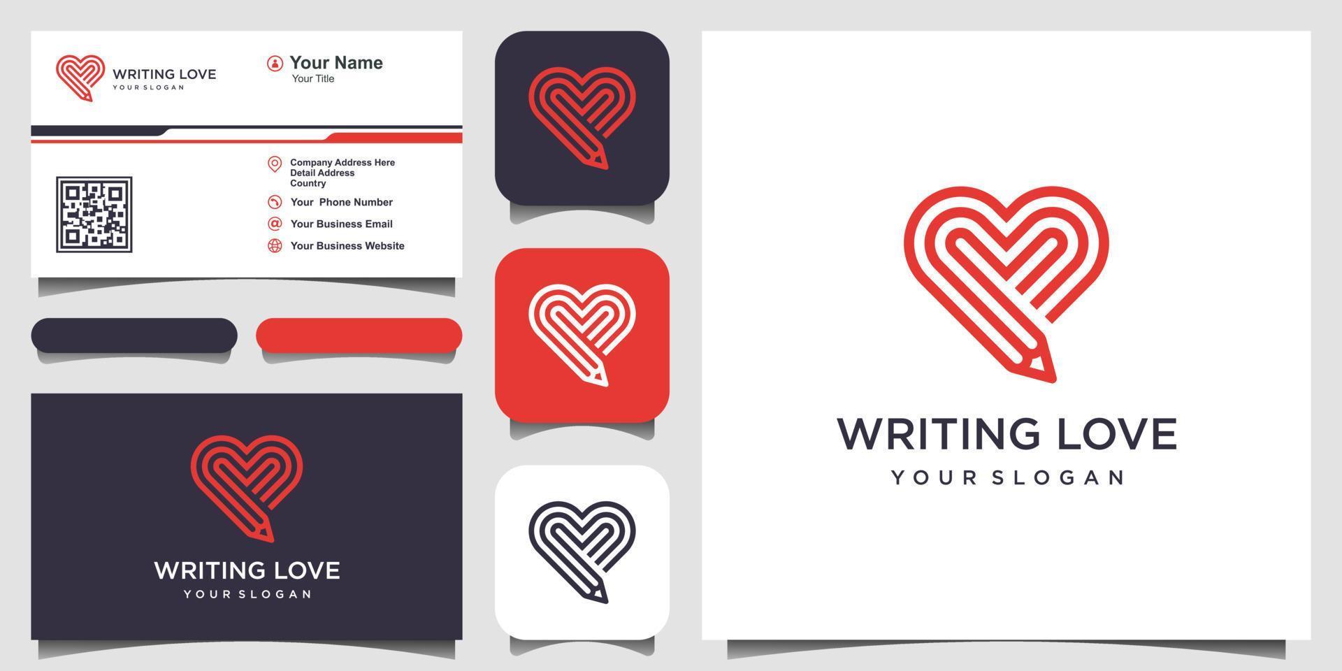 Writing Love Logo Design Template. combination of pencil and heart with line art style. and business card design vector