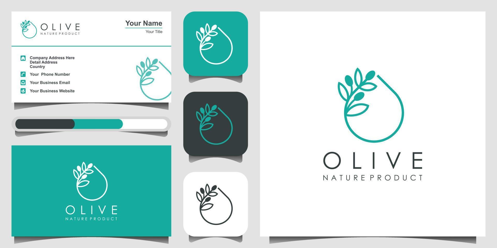 aceite de oliva con concepto de diseño de logotipo de arte lineal. diseño de logotipo, icono y tarjeta de visita vector