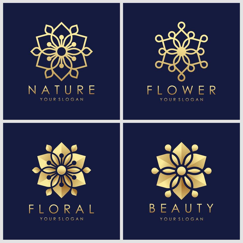 diseños creativos de logotipos de flores doradas con estilo de arte lineal. los logotipos se pueden utilizar para spa, salón de belleza, decoración, boutique. vector