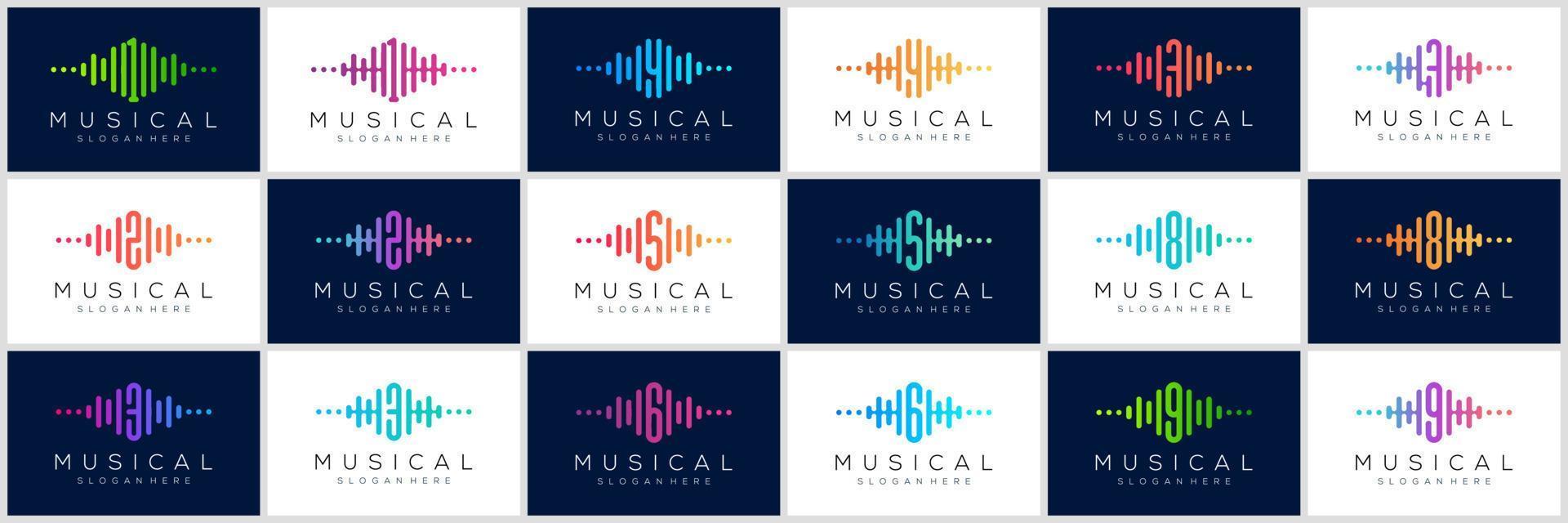 conjunto de pulso de símbolo del diseño del logotipo de los números 1 a 9. concepto de logotipo de onda de audio. logotipo de plantilla de música electrónica, sonido, ecualizador, tienda, música dj, discoteca, discoteca. vector