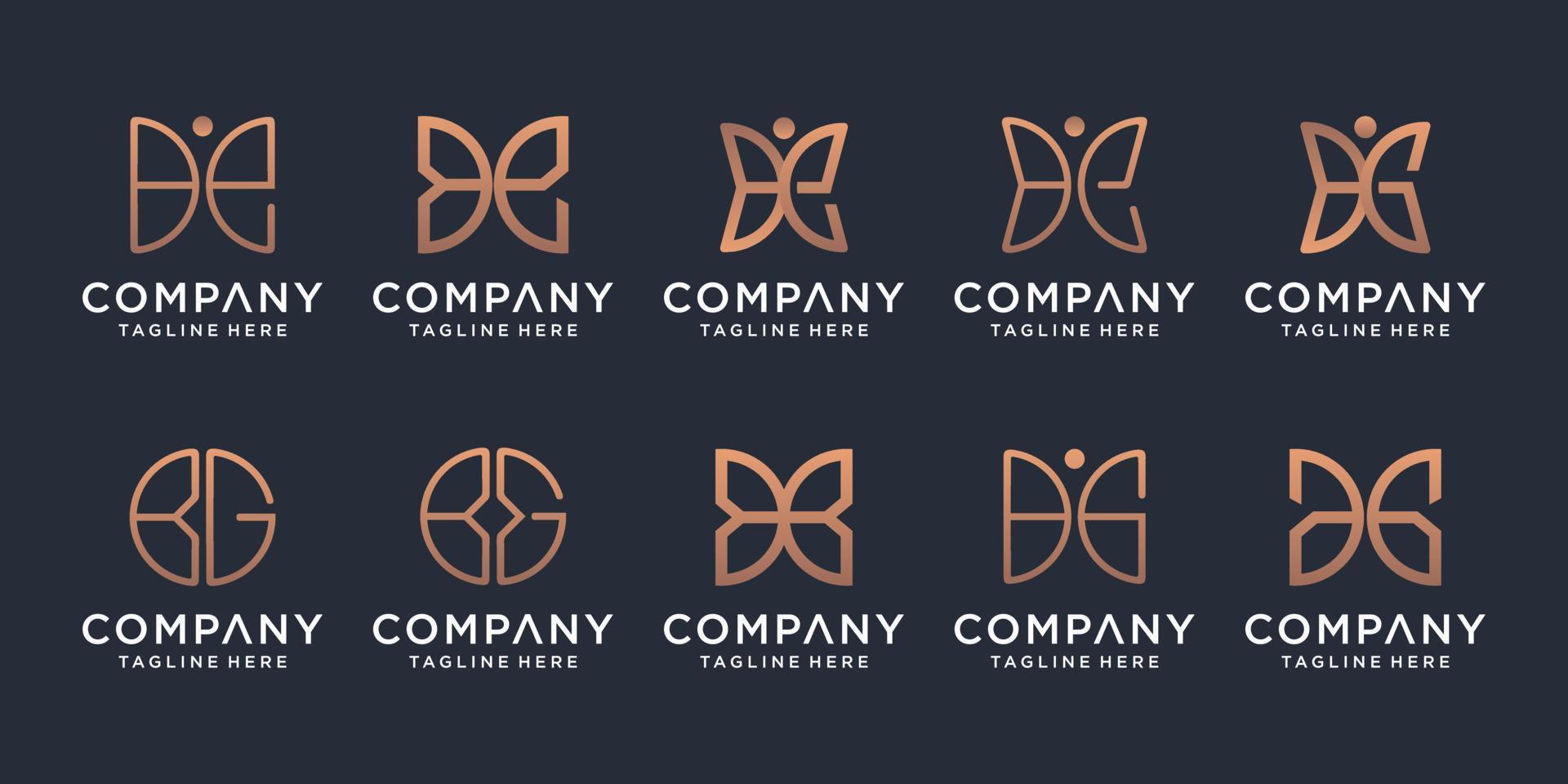 set of creative golden minimalist butterfly line art monogram logo. Beauty, luxury spa style. vector
