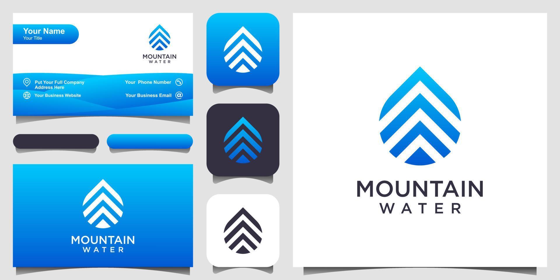 diseño de logotipo de agua combinado con estilo de arte de línea de montaña y diseño de tarjeta de visita vector