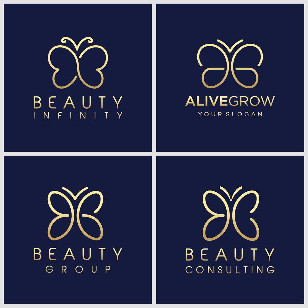 set of creative golden minimalist butterfly line art monogram logo. Beauty, luxury spa style. vector