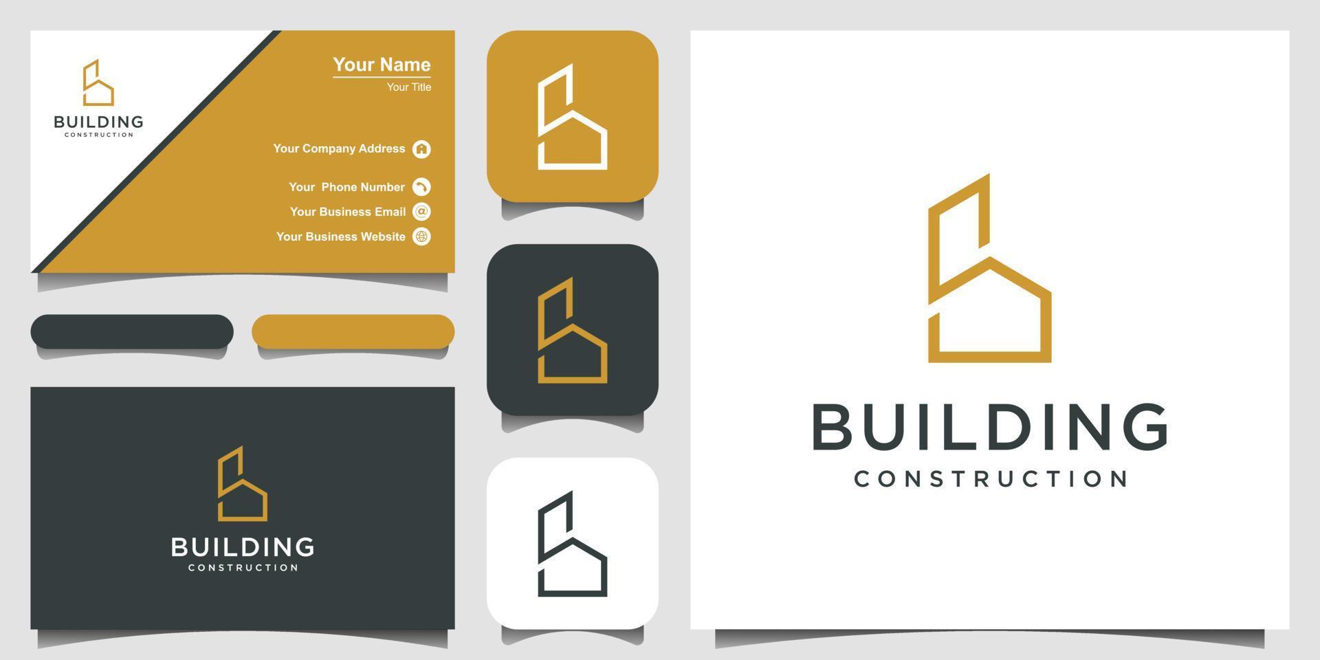 minimalist golden letter B Logo design with home building element and business card vector