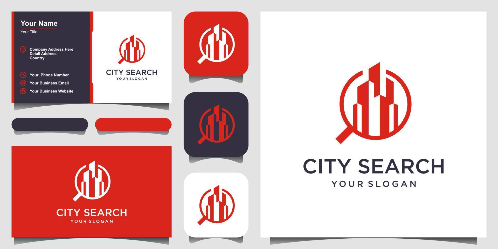 symbol city Search. City in a magnifying glass logo template. Skyscrapers and magnifier vector design. and business card design