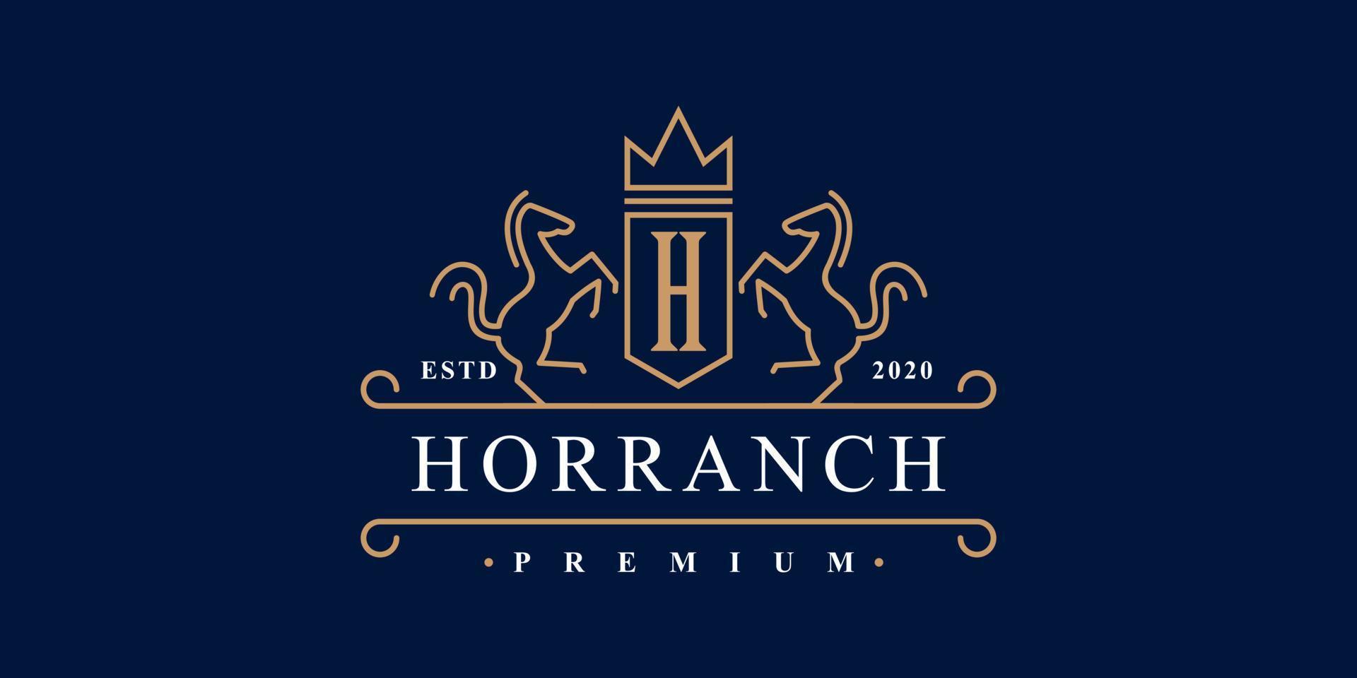 Retro golden crest with shield and two horses. Can be used as logo, emblem or banner for luxury, royal or vintage design concept. vector
