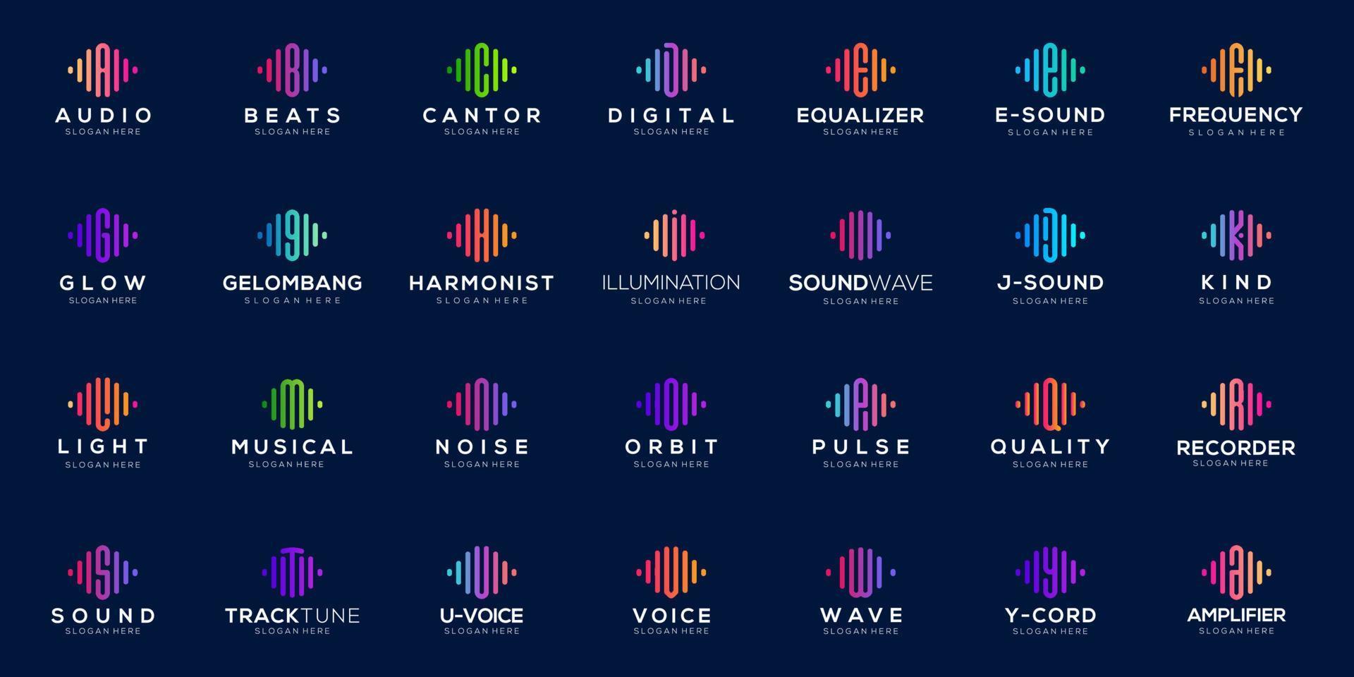 set pulse symbol from letter A to letter Z logo design. Audio wave logo concept. Electronic music template logo, sound, equalizer, shop, DJ music, nightclub, disco. vector