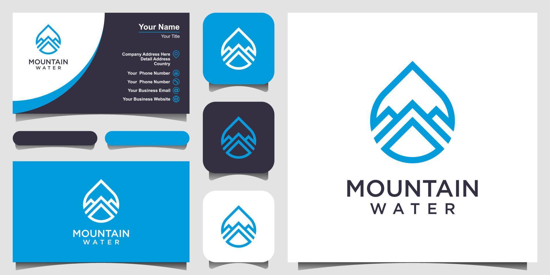 diseño de logotipo de agua combinado con concepto de arte de línea de montaña y diseño de tarjeta de visita vector