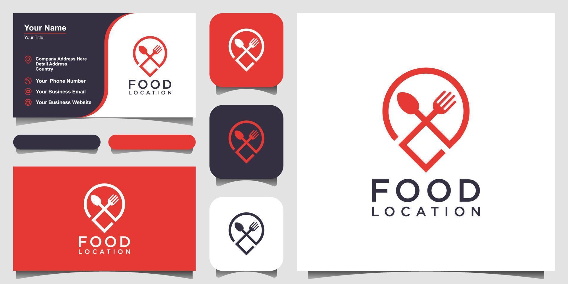 diseño del logotipo de la ubicación de la comida, con el concepto de un icono de alfiler combinado con un tenedor y una cuchara. diseño de tarjeta de visita vector