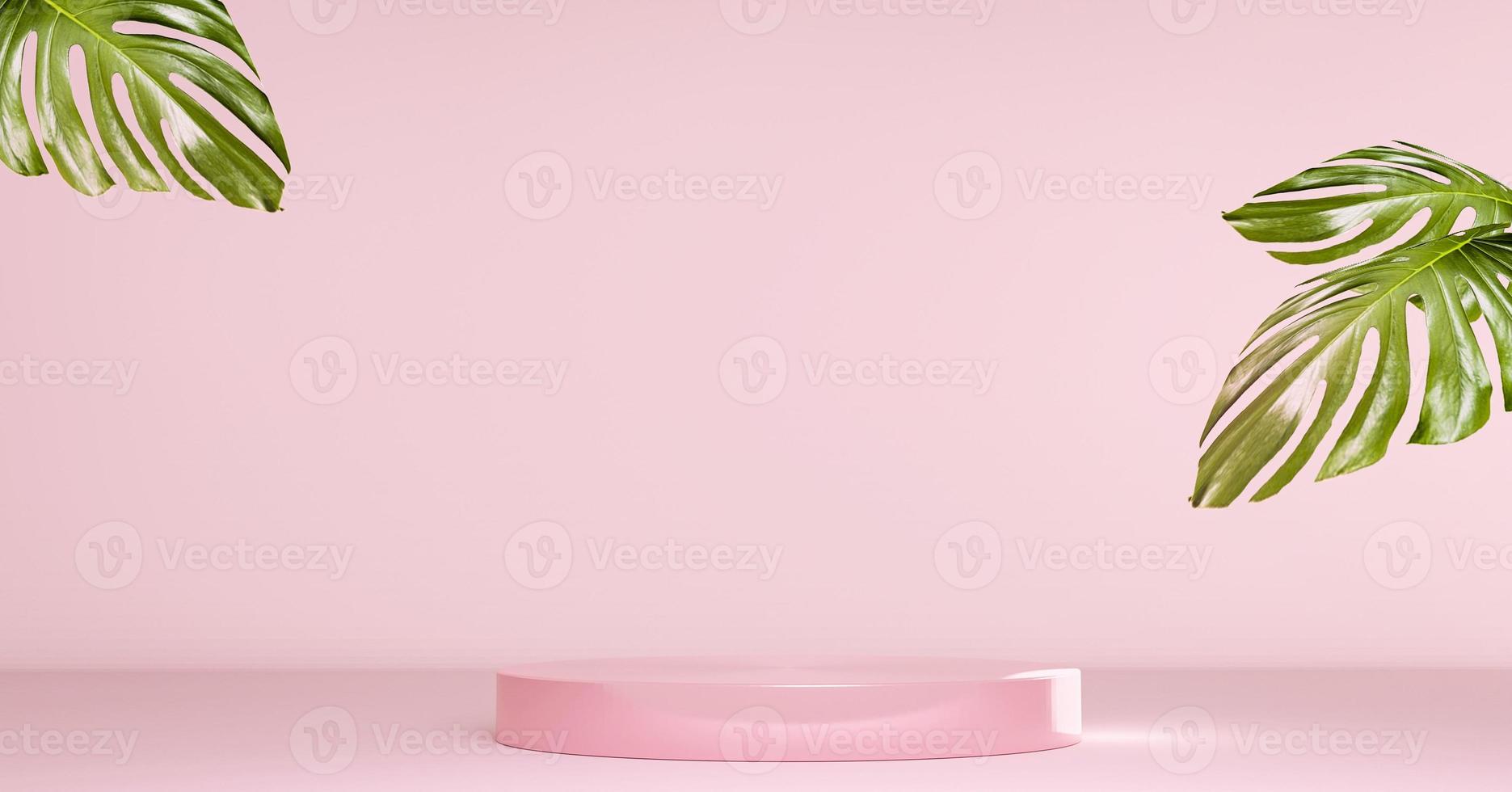 Pink circle cylinder cosmetic or beauty product display podium base with tropical natural green leaves 3d rendering image. photo