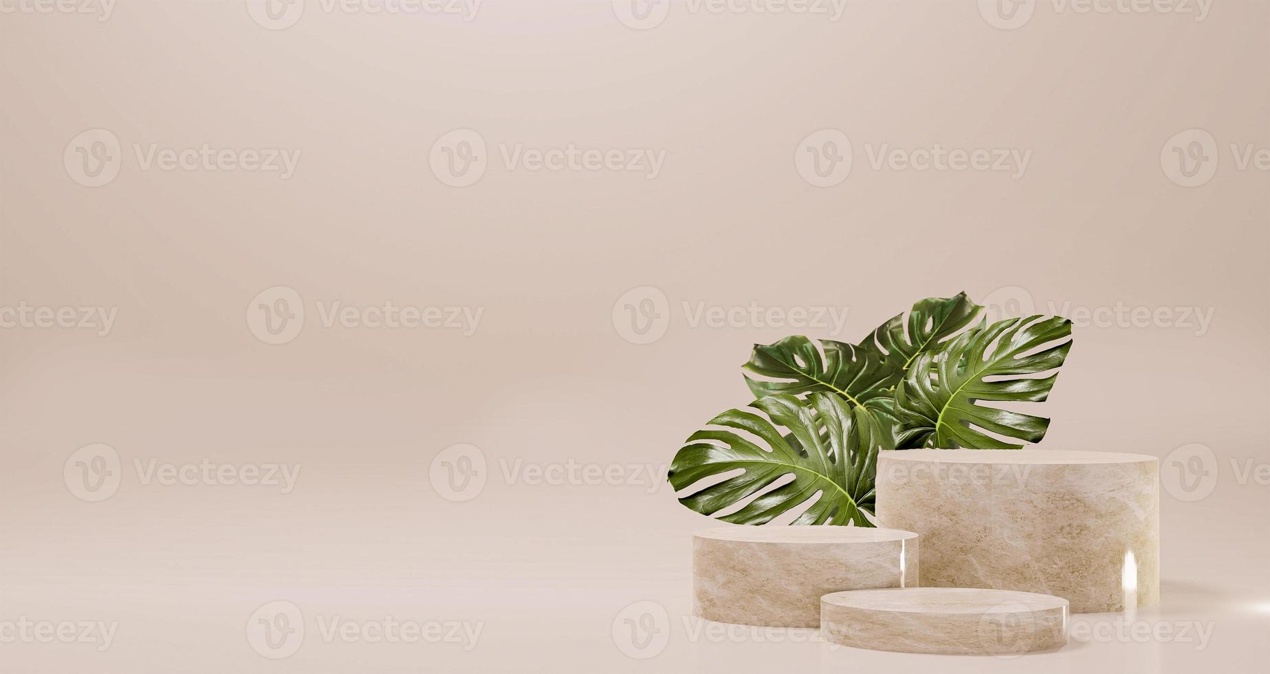 White marble texture 3 stages product display podium with natural tropical green leaves empty spaces 3d rendering image. photo