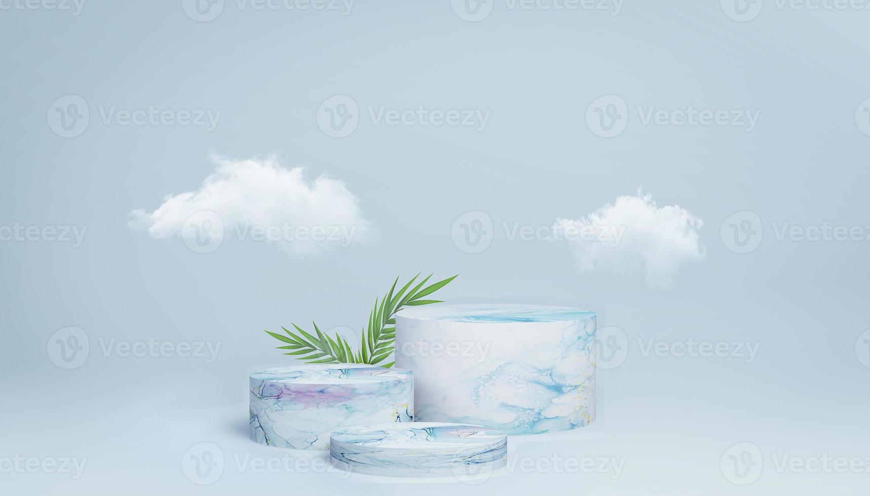 White blue magenta marble texture 3 stages product advertising circle podium display with natural green leaves and white clouds soft background color 3d render image. photo