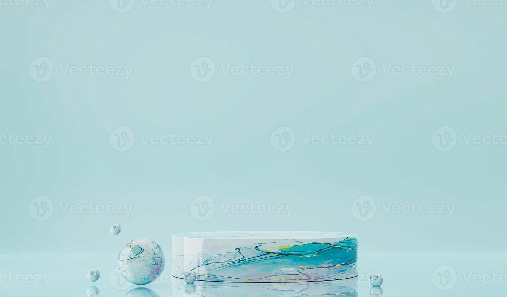 Blue marble with ball color splash texture single cosmetic or fashion product display podium mock up green soft flat background 3d rendering image photo