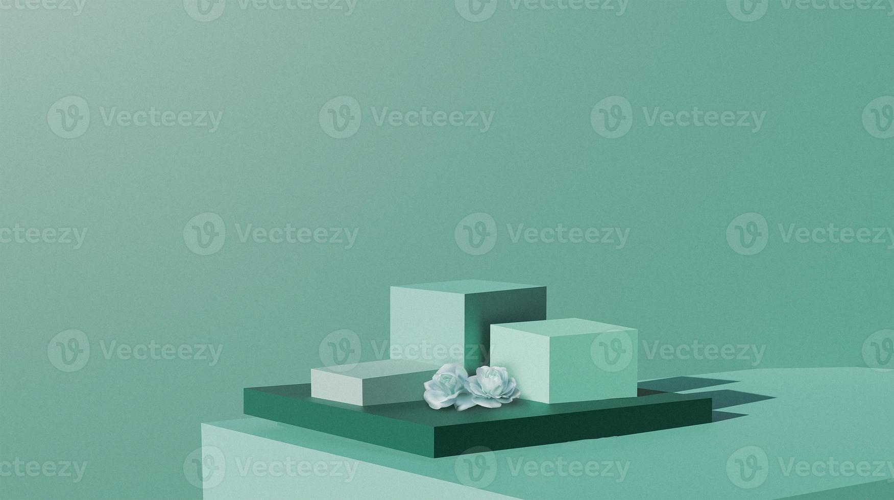 Green 3 stages box cosmetic or beauty product display podium with natural rose flower 3d rendering image. photo