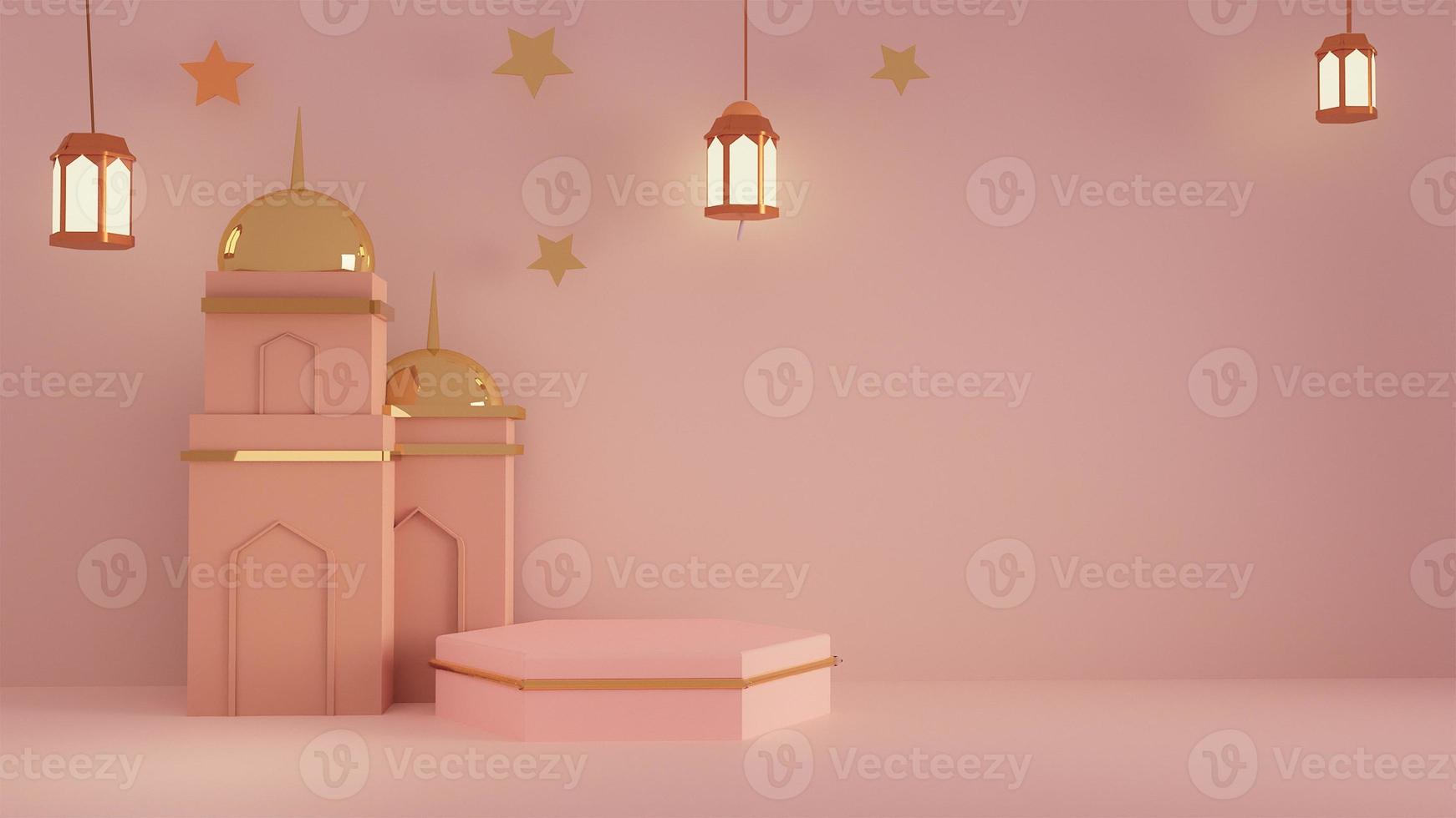 Pink rose Islamic decoration background ornaments design with 3d mosque with golden dome and minaret hanging lantern lamp product or greetings display podium star hanging 3d rendering image photo