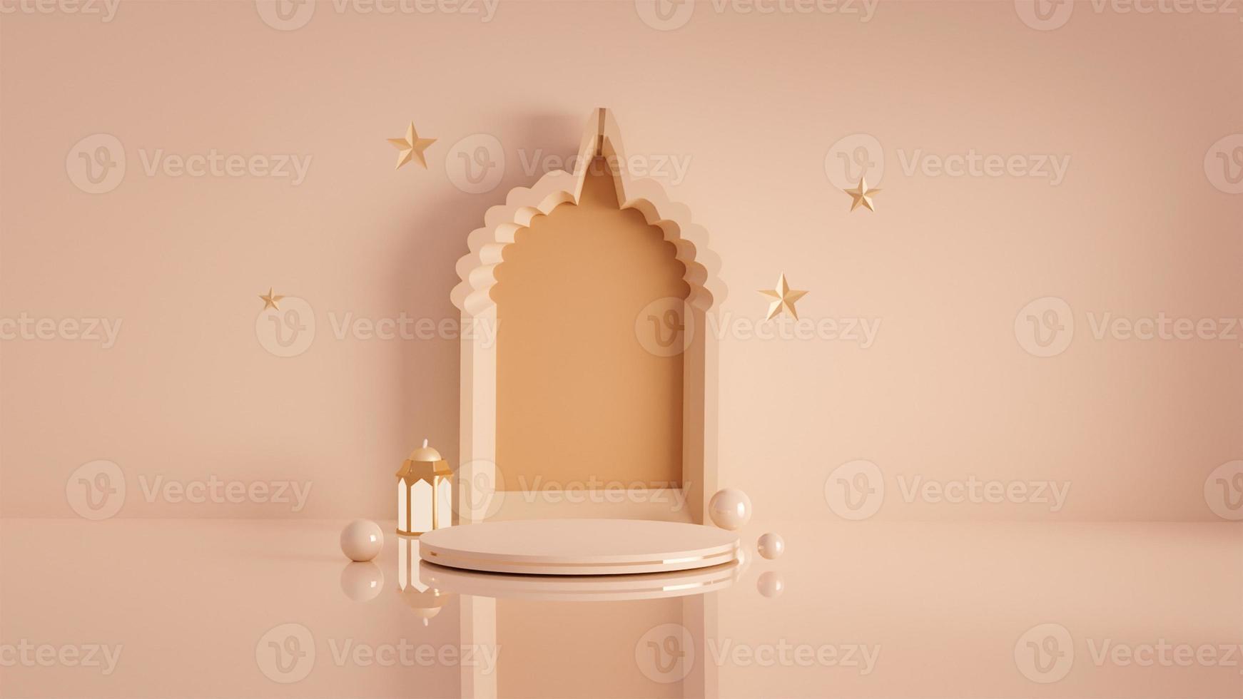 Pink rose 3d Islamic decoration ornaments product or greetings display podium on reflective floor traditional lantern hanging star realistic minaret 3d rendering image photo