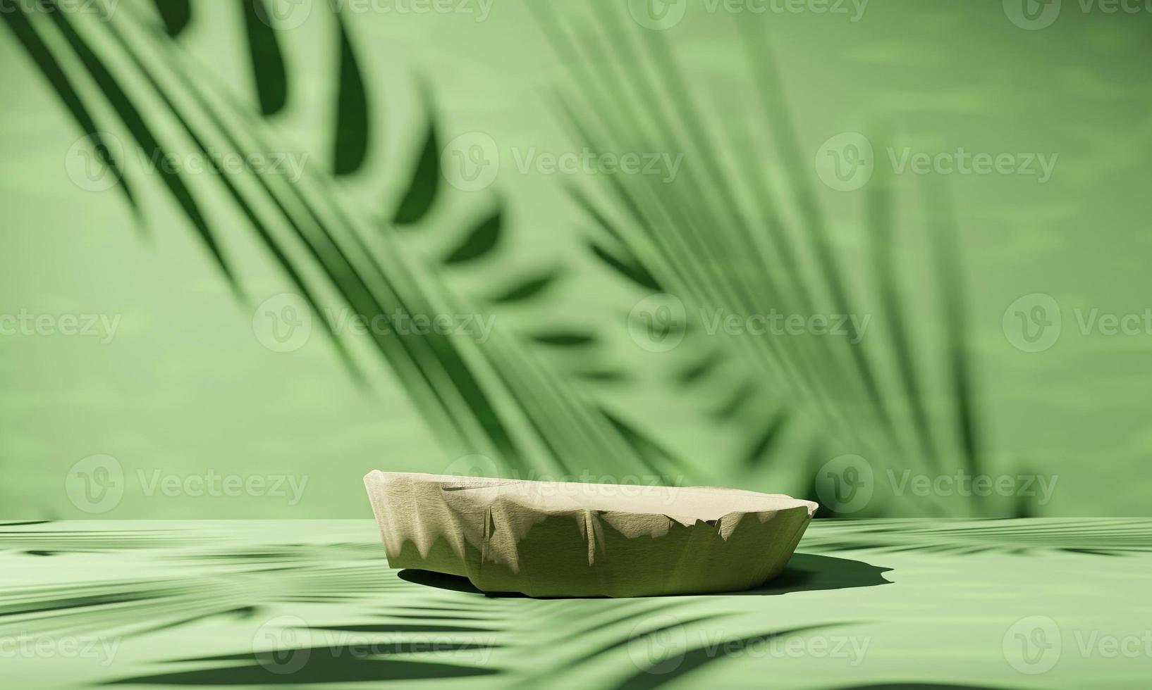 Pastel green natural beige color stone product display podium for cosmetic item cylinder with natural leaves shadow 3d rendering image photo