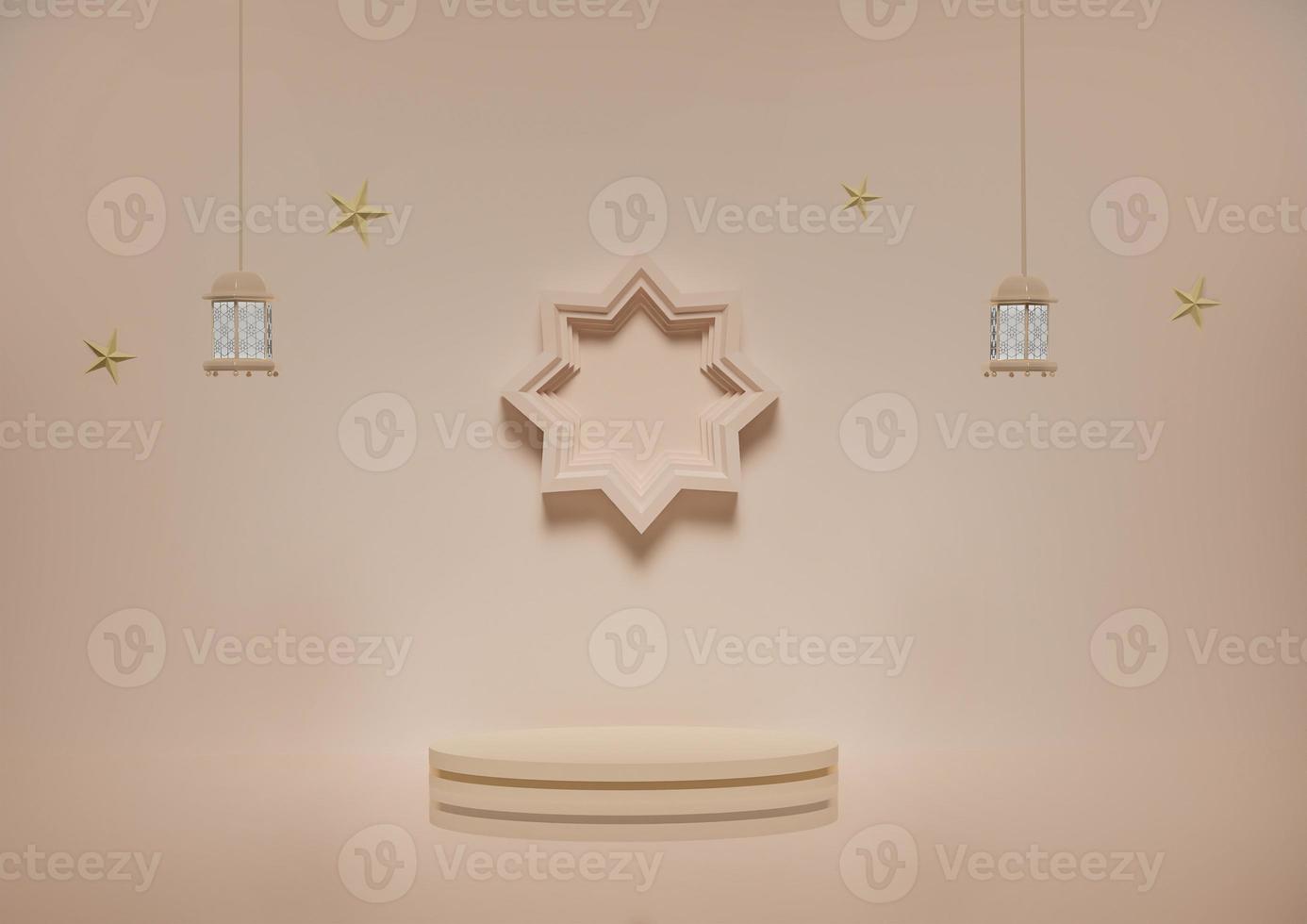 Pink rose Islamic decoration background for product display single podium on light floral design on back with hanging lantern 3d rendering image photo