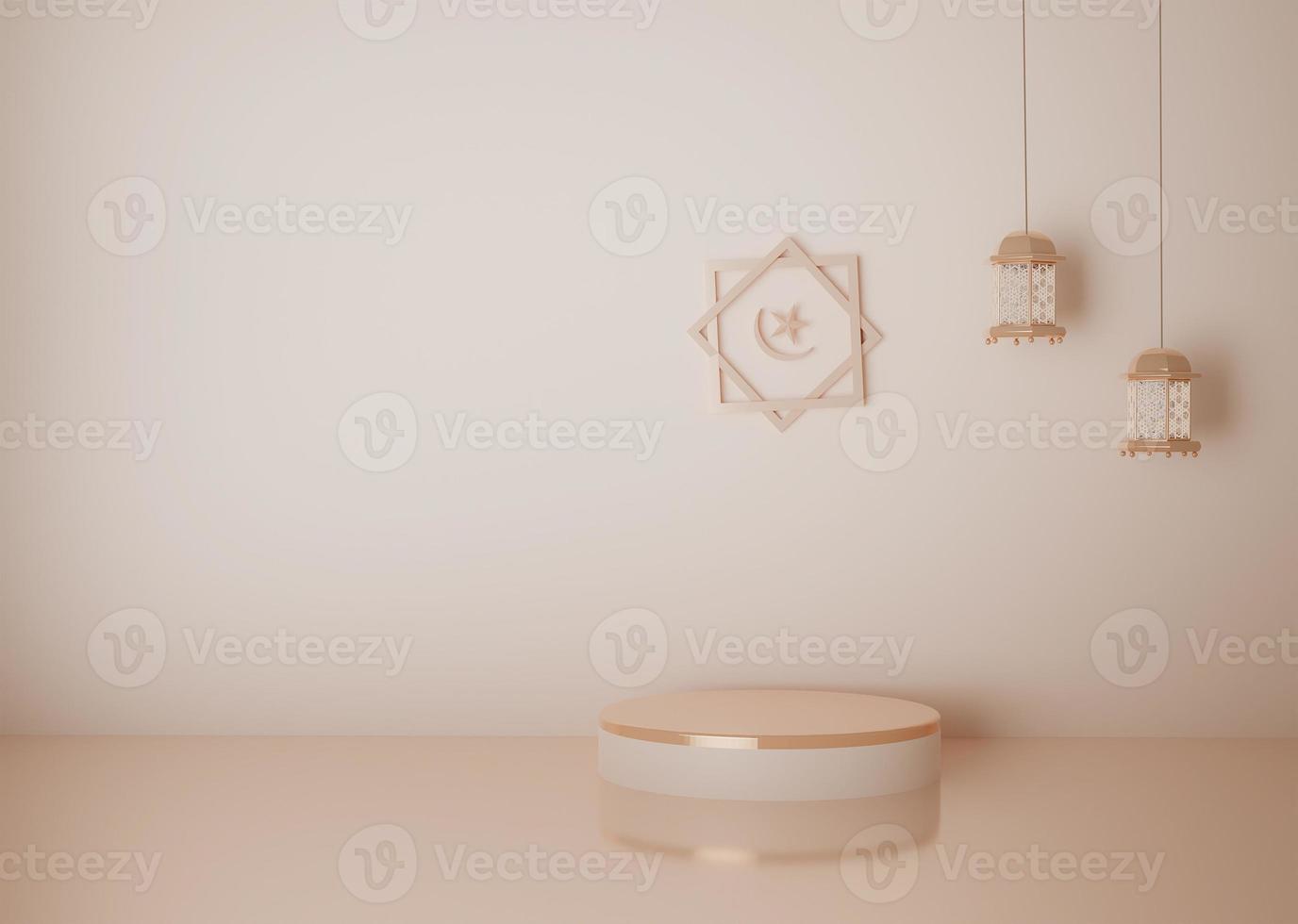 Coral color Islamic product display podium decoration background with hanging lantern copy space stage design on soft color 3d rendering image photo