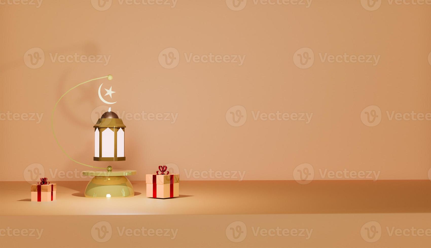 Pink rose Islamic decoration greeting display background design with traditional lantern crescent moon on head and gift box realistic horizontal banner showcase presentation 3d rendering image photo