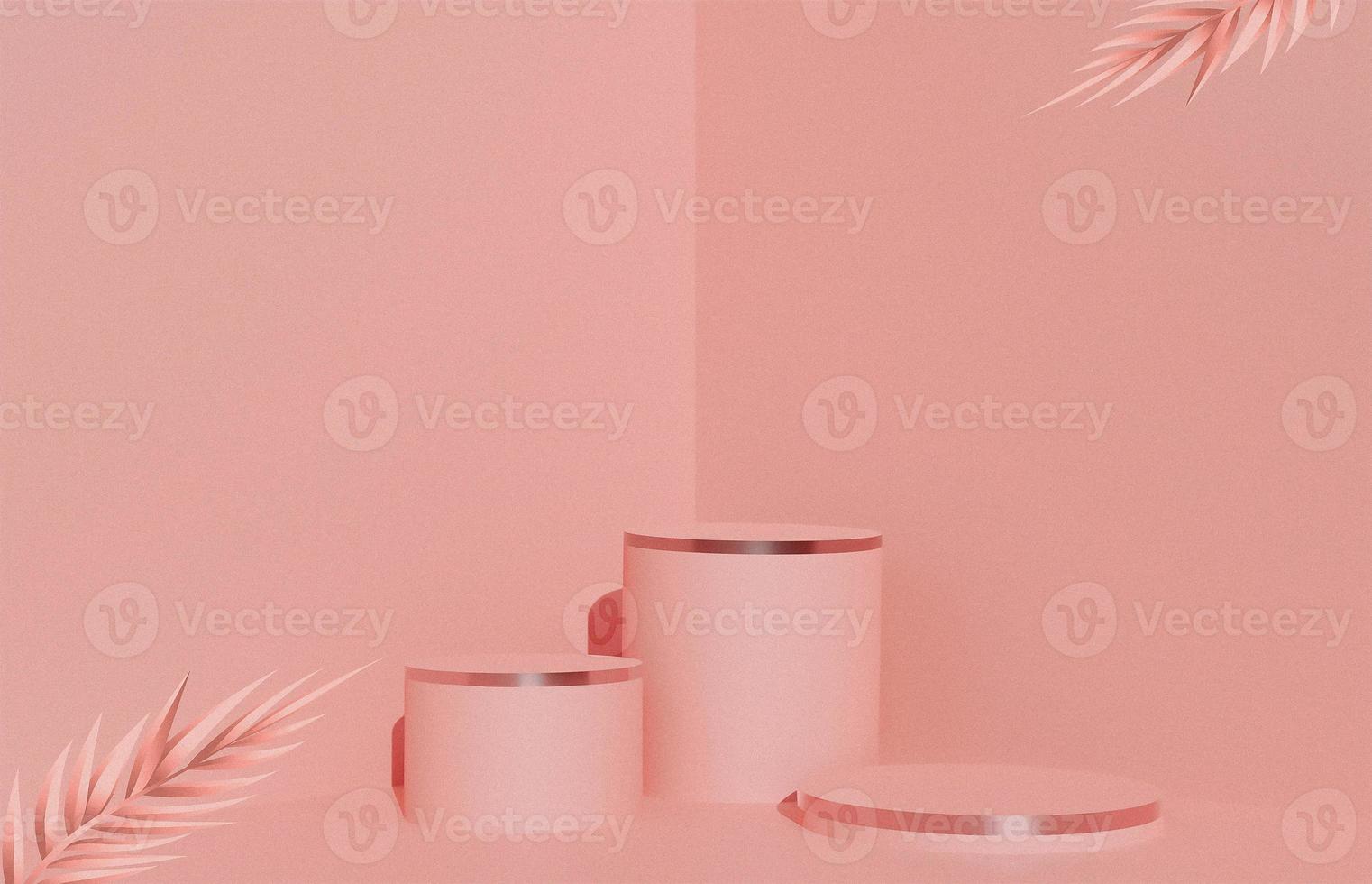 Red Pink 3 stage cylinder podium for cosmetics or beauty products display presentation with leaves 3d rendering image. photo