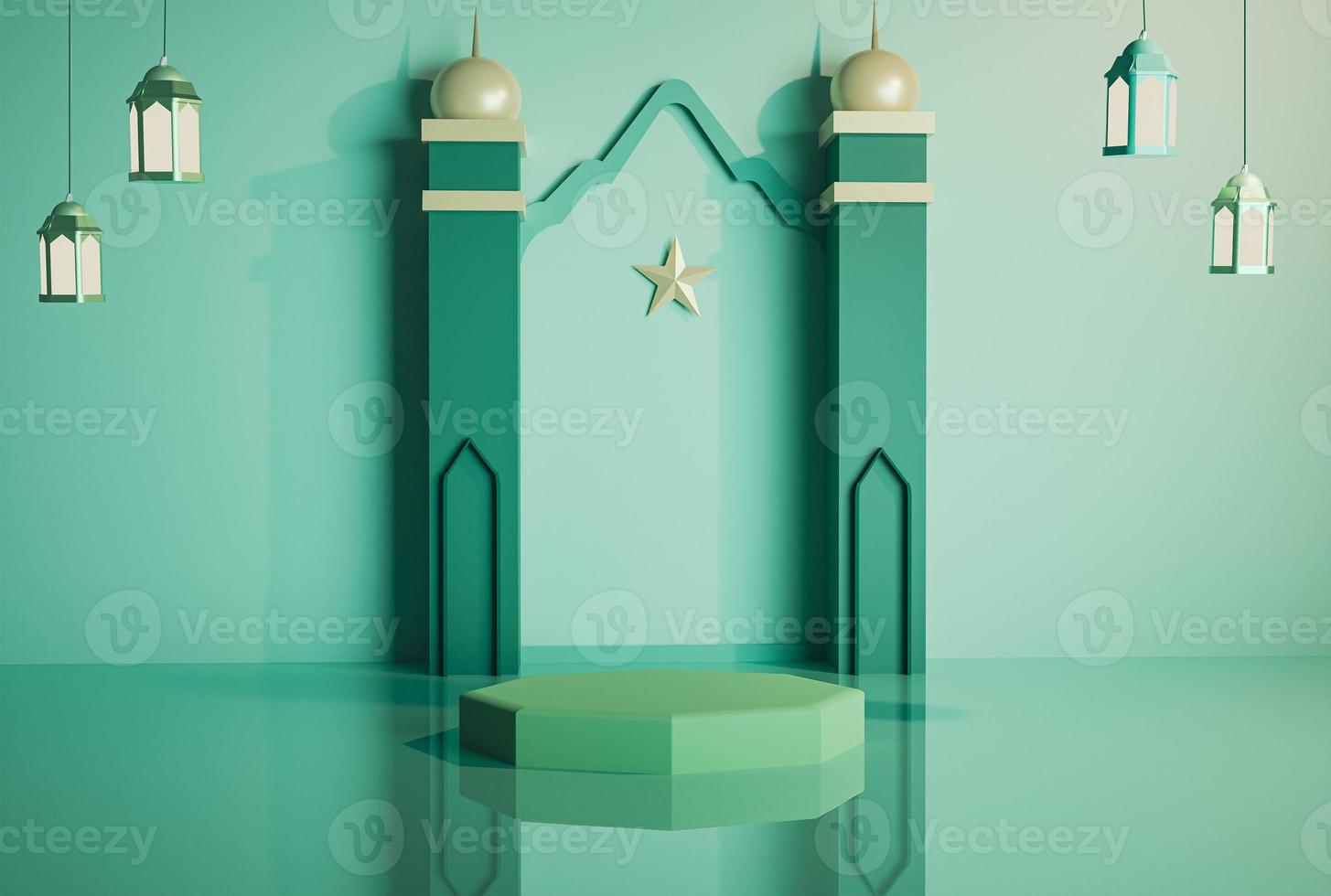 3d modern Islamic decoration product display podium green minaret stages with hanging lantern soft background and reflection on floor 3d rendering image photo