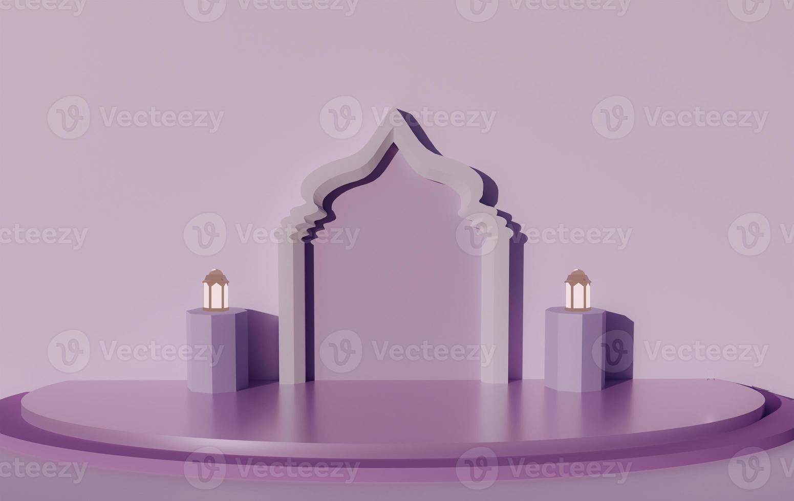 Purple color Islamic decoration background design big product display podium mosque arc on middle lantern stand two side 3d rendering image photo