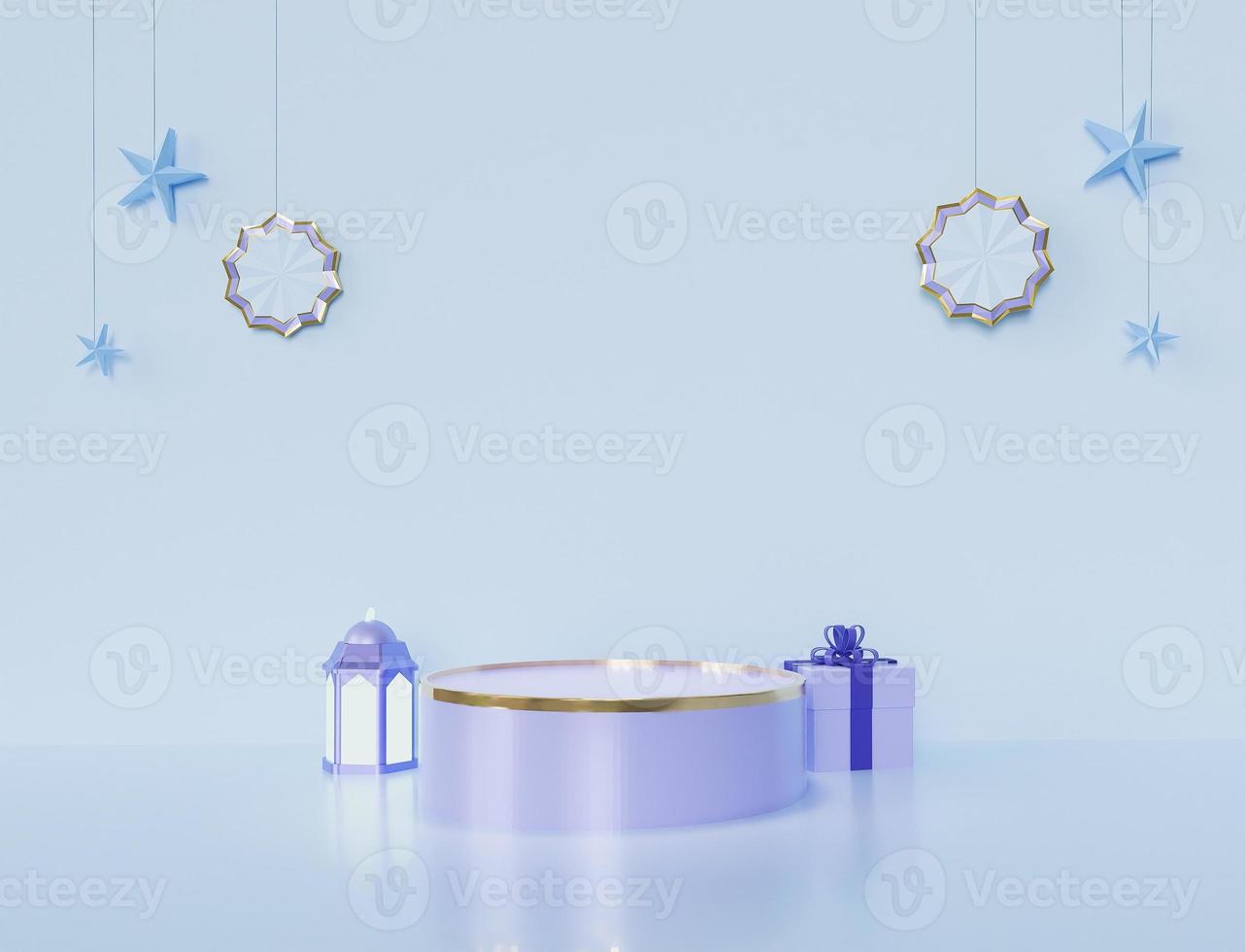 Blue islamic decoration hanging star and decor single product display podium with golden lebel on circle lantern and box 3d rendering image photo