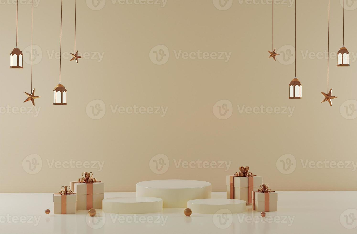 Lemon cream Islamic 3 stages product display podium mock up with gift box and hanging star and hanging lantern light banner design 3d rendering image photo