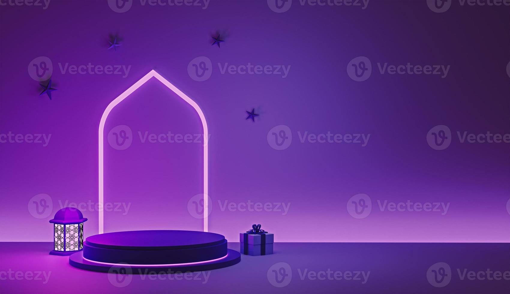 Purple islamic decoration background with hanging stars product display on neon arc design with lantern amp and gift box 3d rendering image photo