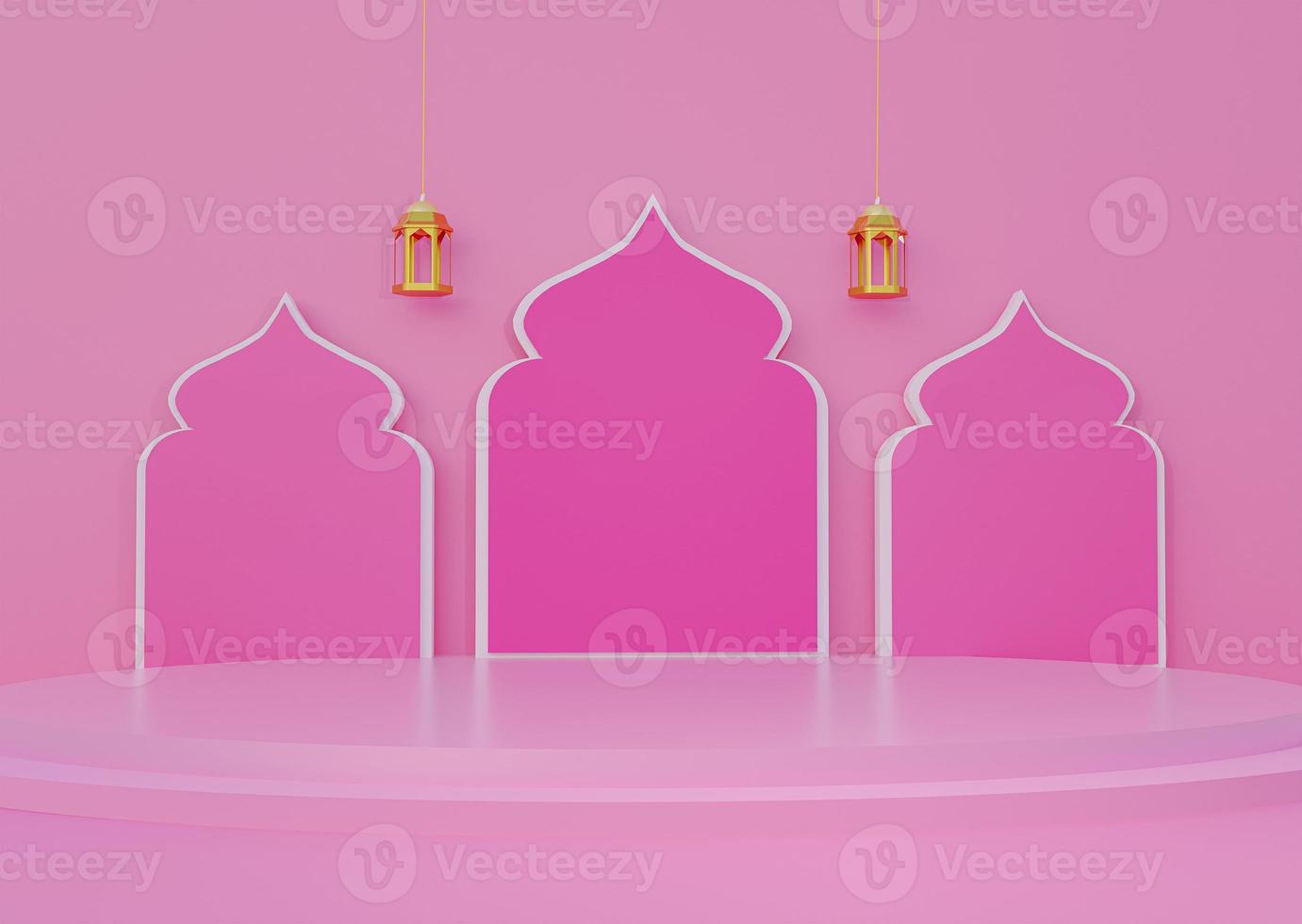 Pink magenta Islamic decoration background 3 mosque arc design big product display podium with 2 hanging golden traditional lantern glossy floor 3d rendering image photo