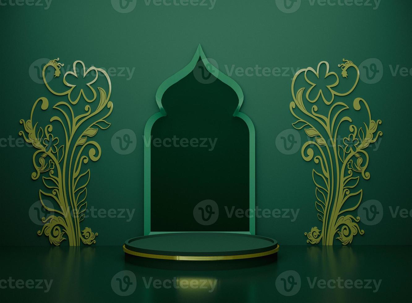 Green islamic soft color background decoration mosque arc on product display podium golden label on circle floral design two side 3d rendering image photo